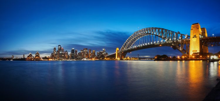 Sydney Harbour bridge, CBD and opera house after sunset, Sydney, Australia
